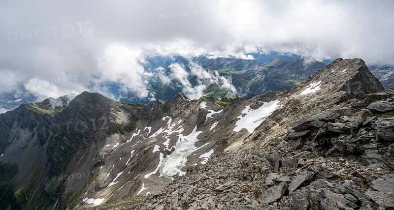 Cloudy mountain landscape at the summit of Lasörling, view to Berger Kees and mountain peak Schober, Lasörling Group, Hohe Tauern National Park, East Tyrol, Tyrol, Austria
