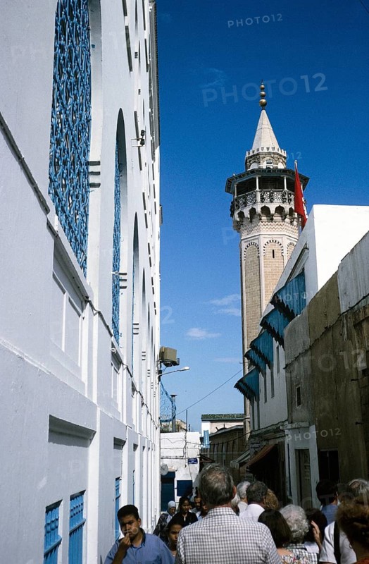 Minaret of the Hammouda Pacha Mosque or Hamouda Pacha al Mouradi Mosque in Tunis, Tunisia, North Africa