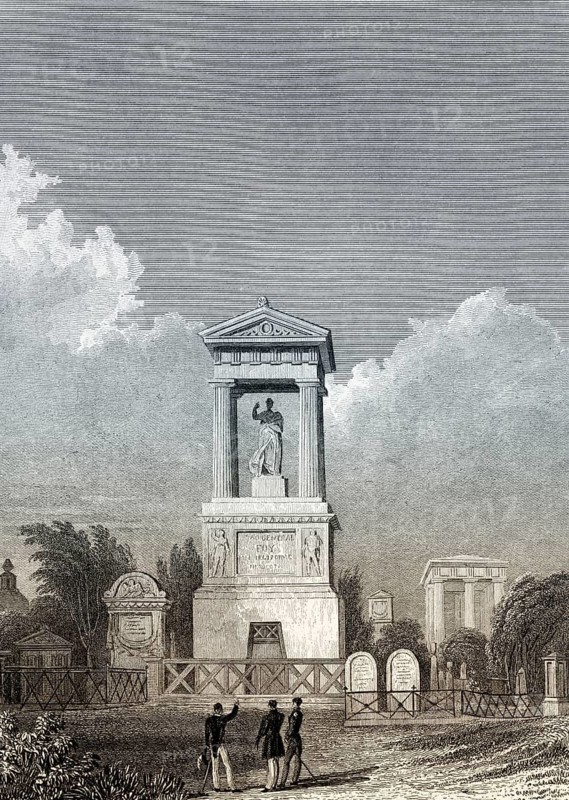 Tomb of Maximilien Sébastien Foy, Père Lachaise Cemetery, Paris, antique steel engraved print, 1831