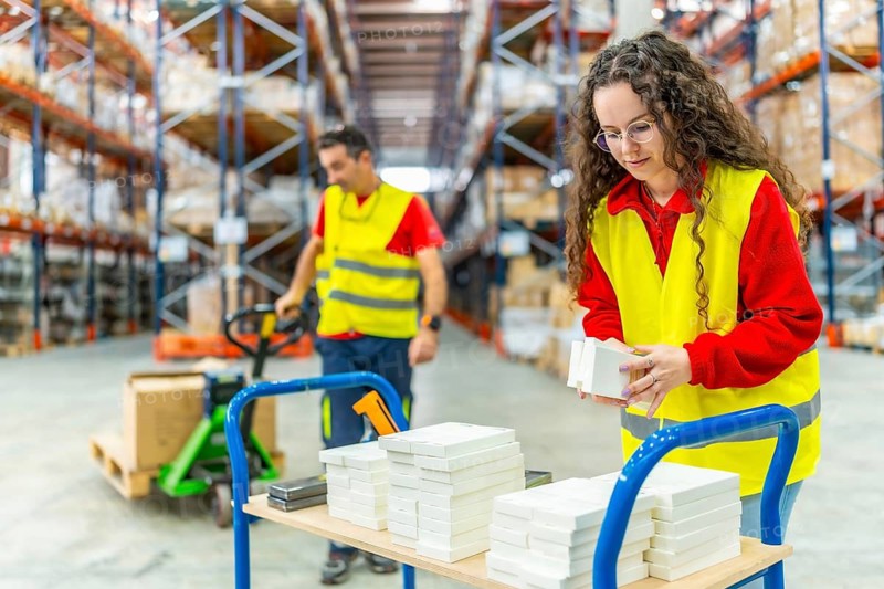 Two male and females caucasian workers arranging packages in a storage warehouse and transporting them