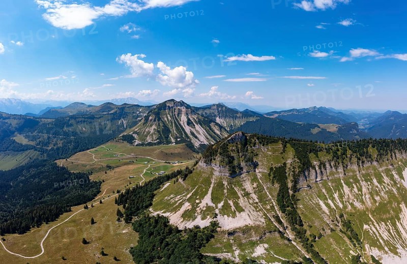 Drone shot, mountain landscape, Genneralm with Gennerhorn and Holzeck, Osterhorngruppe, Salzkammergut, Land Salzburg, Austria