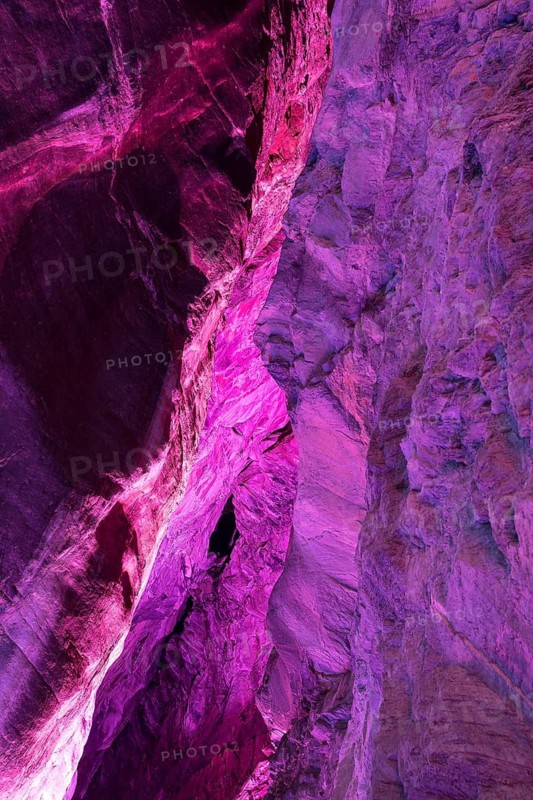 The Tamina Gorge and the Tamina River illuminated in colour at night, Altes Bad Pfäfers, St. Gallen, Switzerland