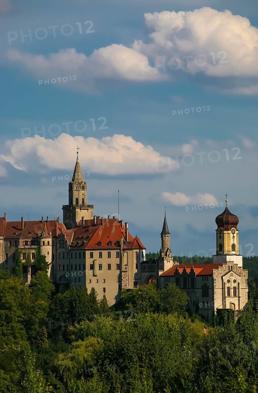 Hohenzollern Palace Sigmaringen, former princely residence and administrative seat of the Princes of Hohenzollern-Sigmaringen, town palace, architecture, historical building, on the right Roman Catholic parish church of St John, St John the Evangelist, baroque hall church, church, north-west view, Sigmaringen, Upper Swabia, Baden-Württemberg, Germany