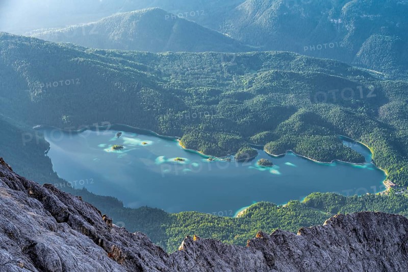 Steep rocky ridge, view from the summit of the Zugspitze to Eibsee lake, Wetterstein Mountains, Bavaria, Germany