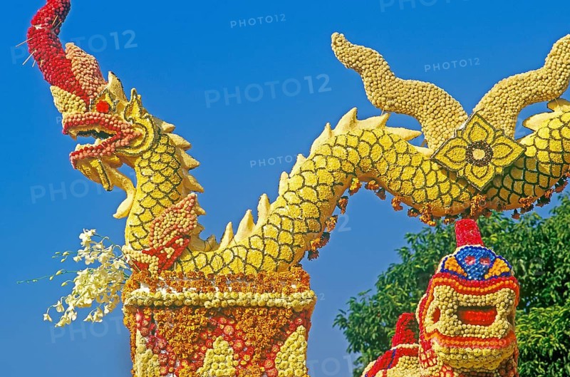Nagas (sacred snakes) made of flowers, detail of floral float, Flowers Festival, Chiang Mai, Thailand, Southeast Asia, Asia