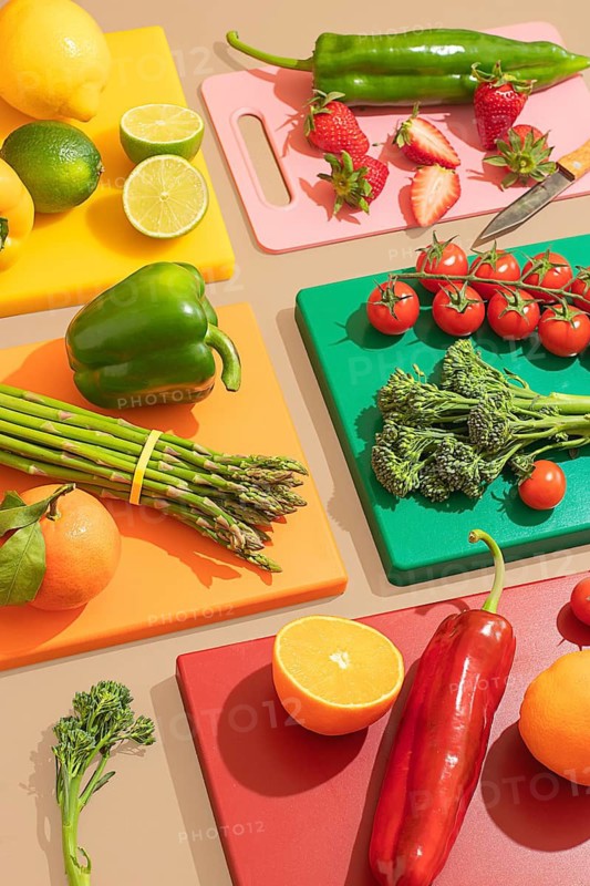 An assortment of fresh fruits and vegetables on colorful cutting boards. Bright and vibrant, showcasing strawberries, peppers, asparagus, oranges, and more on a cheerful backdrop