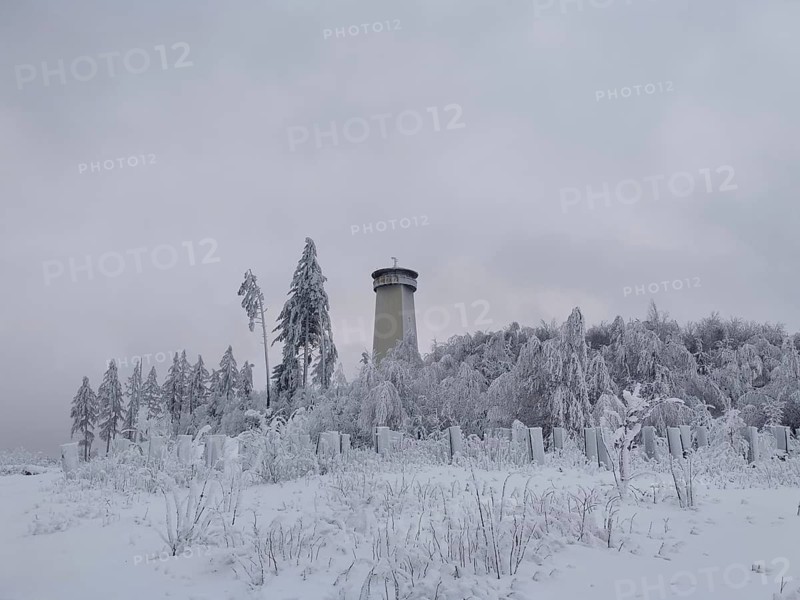 Snowy tower in a wintry landscape, Thüringer Warte, Frankenwald nature park Park