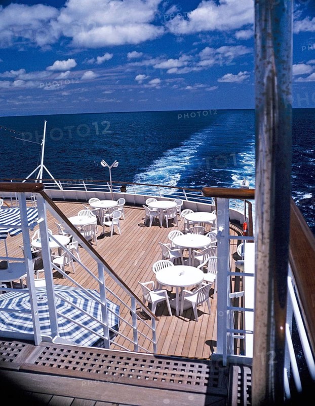 On board the cruise ship MV Minerva of Swan Hellenic holiday cruises Deck and stern wave in the sea 1997