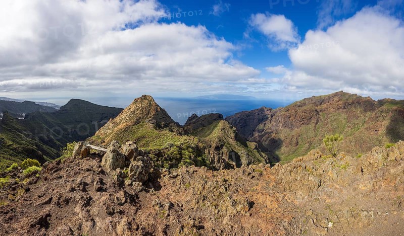 Mountain landscape, mountain hiking, view to Risco Blanco and the island of La Gomera, El Molledo, Tenerife, Canary Island, Atlantic Ocean, Spain