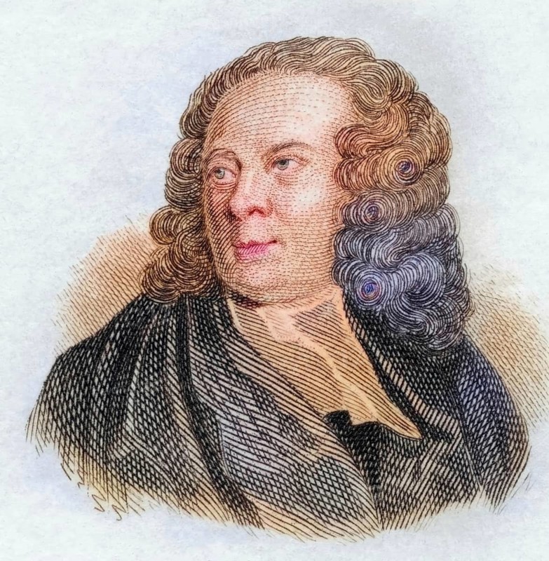 Edward Young, (born 3 July 1683 in Upham in Hampshire, died 5 April 1765 in Welwyn in Hertfordshire) was an English poet, coloured woodcut from Crabbe's Historical Dictionary from 1825, Historical, digital reproduction