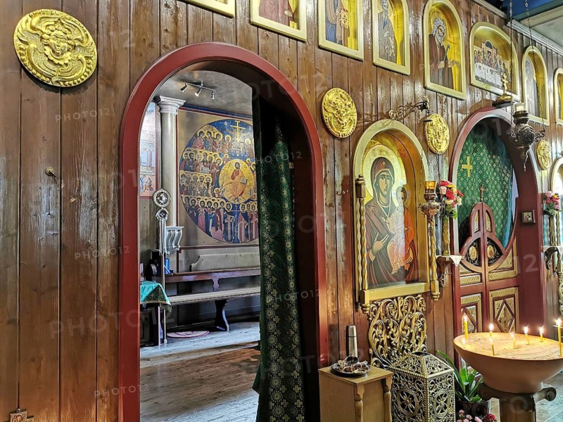 Church of the Orthodox parish of St Nektarios in Bischofsheim a. d. Rhön, Rhoen, district of Rhön-Grabfeld, Lower Franconia, Bavaria, Germany, for editorial use only