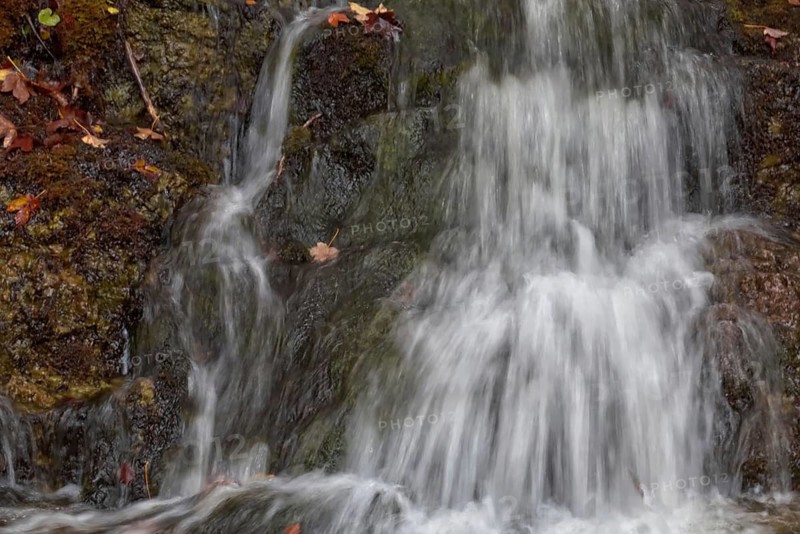 Small waterfall flowing over moss-covered rocks with autumn leaves, Kochel am See, Bavaria, Germany