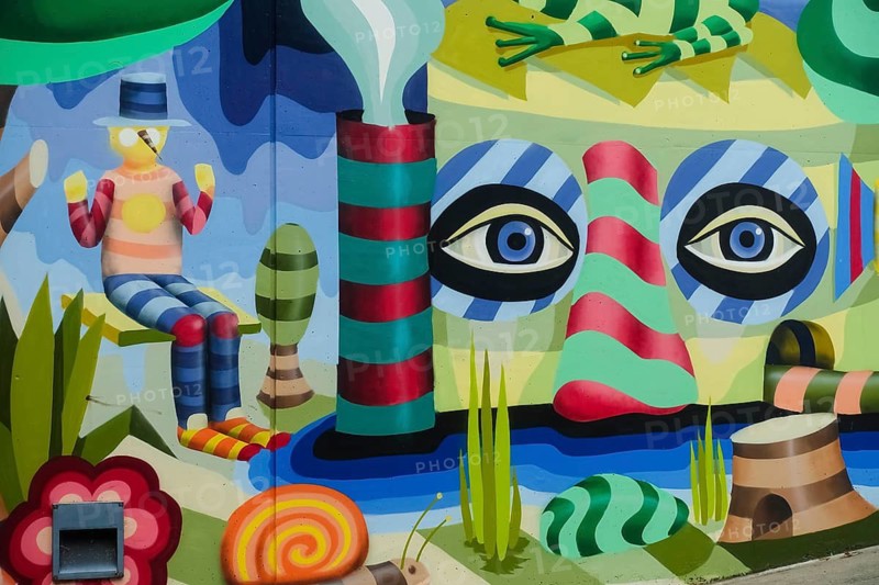 Graffiti, spray art, colorful pictures, public art, mythical creatures, fantastic creatures, human and animal beings, eyes, nose, snail, frog with stripes, artistically designed entrance to the underground car park, concrete wall, Orschel-Hagen, district of Reutlingen, Baden-Württemberg, Germany