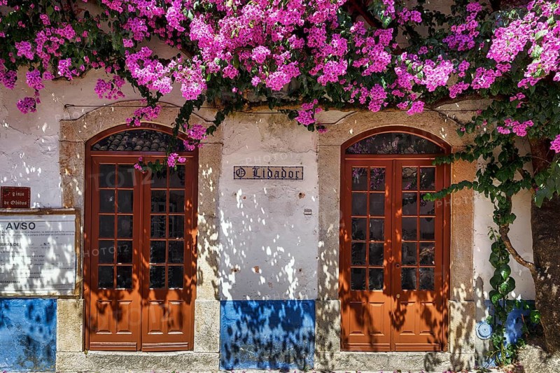 Façade decorated with flowers in the medieval village of Óbidos, Portugal