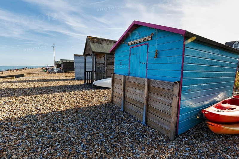 Colourful beach huts on a shingle beach, Cirrus, Kingsdown Beach, English Channel, Dover, Kent, England, Great Britain