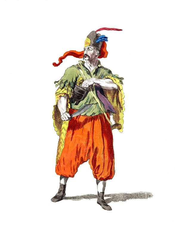 Historical clothing, fashion over time, uniform of a corporal of the Varasdin Pandurs in 1742, soldier, Varazdin, Hungary, digitally restored reproduction of a model from the 18th/19th century, exact date unknown, man in coloured clothing with determined facial expression