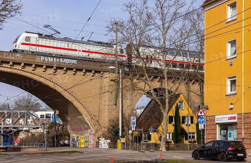 Bogenbrücke am Nordbahnhof Stuttgart with InterCity. Gäu cable car, panoramic train. Stuttgart, Baden-Württemberg, Germany