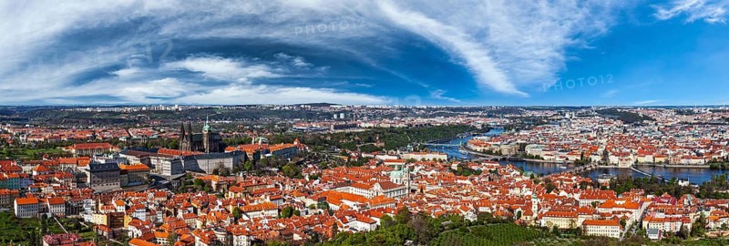 Aerial panorama of Hradchany: the Saint Vitus (St. Vitt's) Cathedral and Prague Castle. Prague, Czech Republic