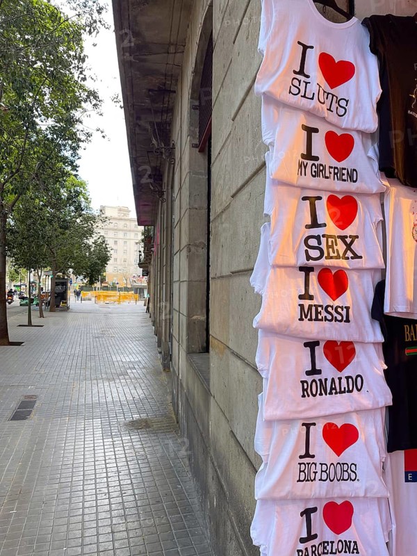 Various I Love T-shirts from a shop on the Ramblas, Barcelona, Spain