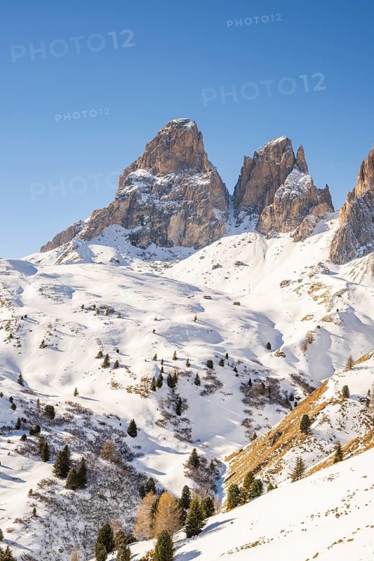 Beautiful landscape of the Mountain silhouettes of the Sexten Dolomites on a sunny winter day, South Tyrol, Trentino-South Tyrol, Alto-Adige, Italy