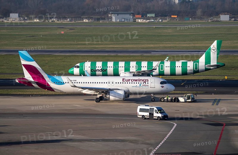 Düsseldorf Airport, Condor and Eurowings aircraft on the apron, taxiway, North Rhine-Westphalia, Germany
