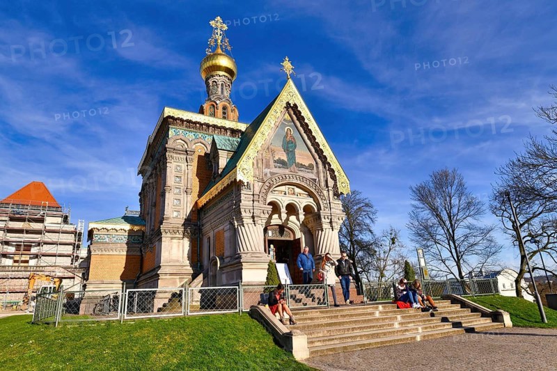 Darmstadt, Germany, March 2020: The Russian Chapel known as St. Mary Magdalene Chapel, a historic Russian Russian revival orthodox church in Darmstadt