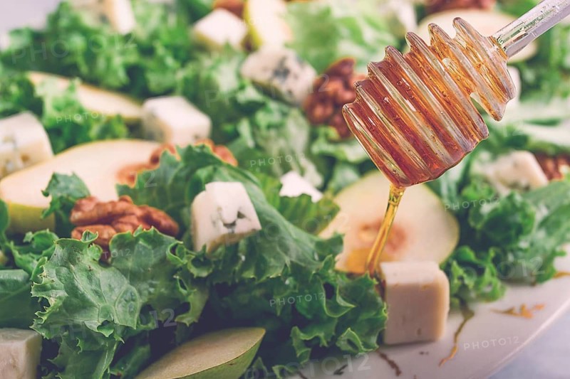 Keto Salad, pear with blue cheese and walnut, selective focus, no people, close-up