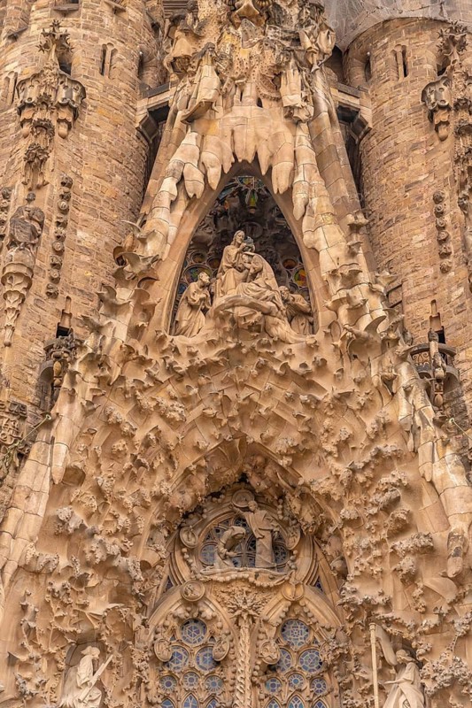 Architectural details of the door of the Basilica of the Sagrada Familia in Barcelona, Spain