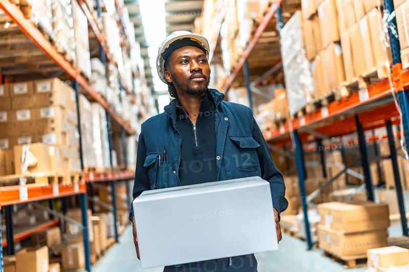 African warehouse worker moving a box along a aisle in a distribution warehouse