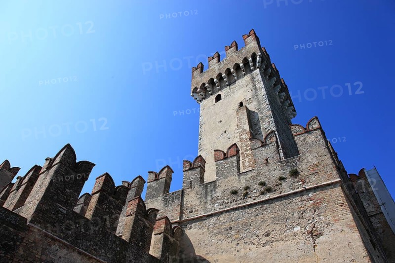Keep of the Scaligero Castle, Castello Scaligero, in Sirmione, moated castle on the southern shore of Lake Garda, province of Brescia, Lombardy, Italy