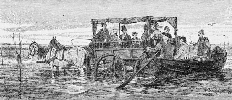 Excursion through the mudflats off Borkum, disembarkation, East Frisia, North Sea, Lower Saxony, low tide, horse-drawn carriage, passengers, Germany, rowing boat, pick up, historical illustration 1880