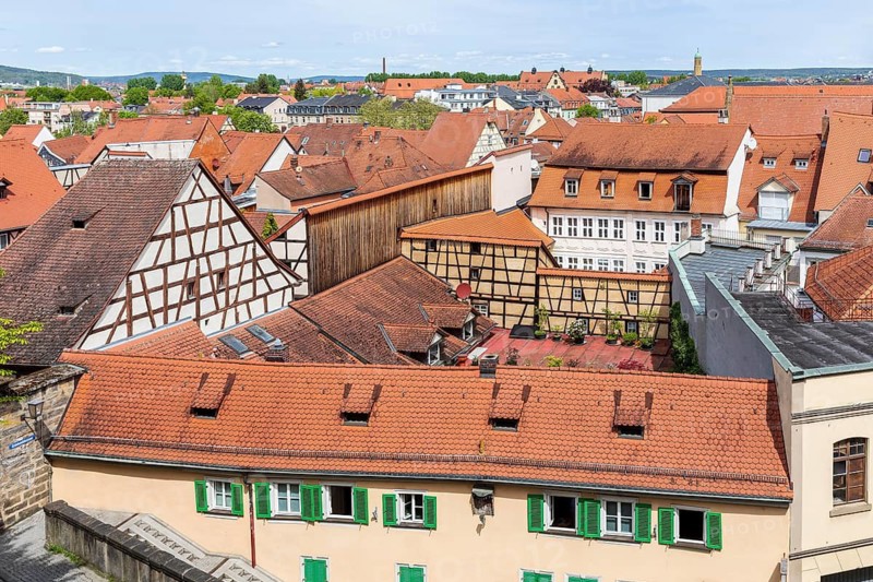View from the rose garden of the New Residence over the rooftops of the old town of Bamberg, Bavaria, Germany