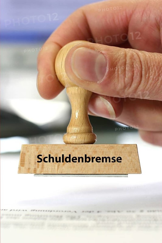 Stamp, wooden stamp, inscription: Schuldenbremse