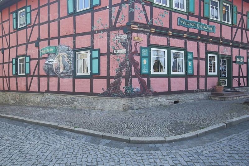 House corner of Pension Wolfshof, historic half-timbered house, brick house, inn, Harzgerode, Harz, Saxony-Anhalt, Germany