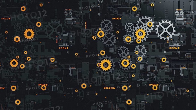 This abstract 3D background features a complex arrangement of gears in black and orange. The texture and pattern create a dynamic visual effect