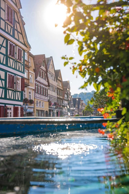 Town fountain with half-timbered houses in the morning, Calw, Black Forest, Germany