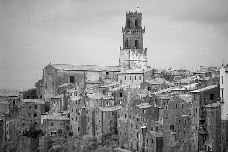 Pitigliano, ancient Etruscan town built on tuff stone, mentioned in 1061, black and white, Tuscany, Italy
