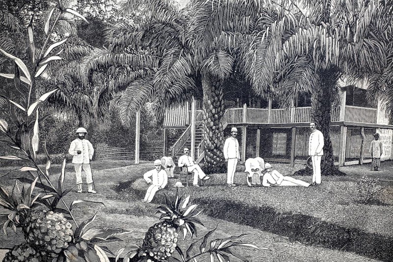 German tobacco plant in Sumatra, 1890, in the afternoon in front of a planter's home, illustration, reproduction from a model from the 19th century. Authentic, file restored for optimal use, exact date of submission unknown, historical