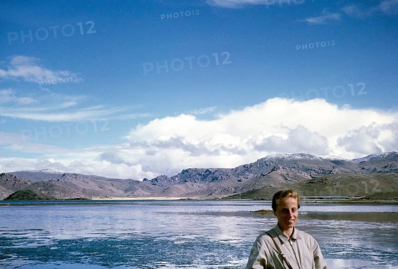 British tourist at Lake Titicaca, Puno, Peru, South America, 1962