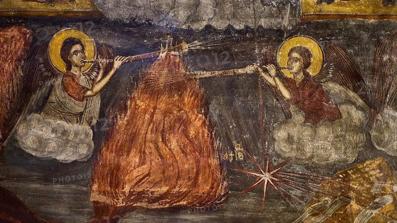Angels blowing trumpets, clouds flanking fire in apocalyptic fresco, Easter 2025, Church of the Dormition of the All-Holy God Bear, Kimisis tis Theotokou, Asklipio, Rhodes, Dodecanese, Greek Islands, Greece