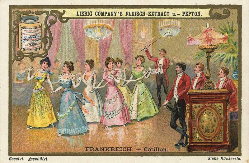 Picture series Dances of the World, Cotillon from France, Liebig picture, digitally restored reproduction of a collector's picture from ca 1900, public domain, exact date unknown, French cotillon with dancing couples in elegant dress and a musician in a decorated ballroom