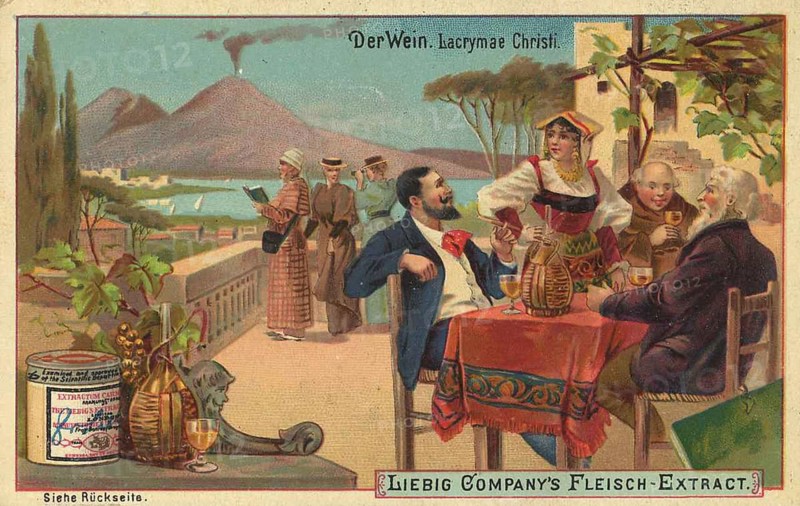 Picture series The Wine, Lacrima Christi from Italy, Liebig picture, digitally restored reproduction of a collector's picture from around 1900, public domain, exact date unknown, company enjoying wine tasting with a view of Mount Vesuvius in a southern idyll