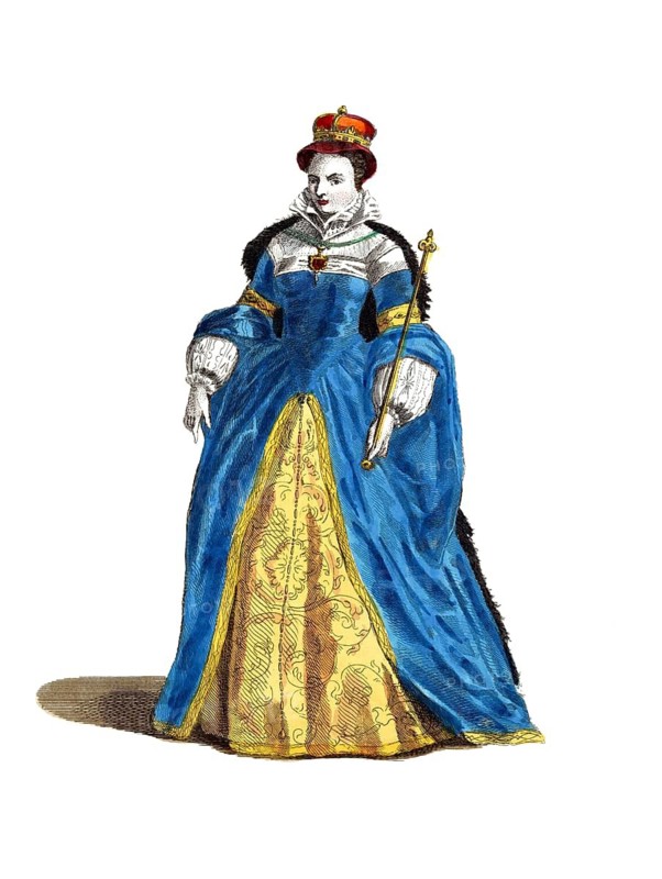 Historical clothing, fashion over time, Mary I, Mary I or Mary Tudor, also Mary Tudor, Mary the Catholic or Mary the Bloody (18 February 1516, 17 November 1558), was Queen of England and of Ireland from 1553 until her death, here in 1554, digitally restored reproduction of a model from the 18th/19th century, exact date unknown, woman in blue historical clothing with crown and staff