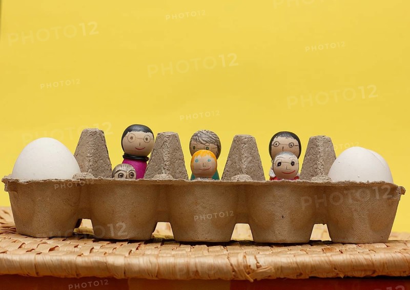 Six amusingly painted wooden cones in an egg carton, against a bright yellow background, North Rhine-Westphalia, Germany