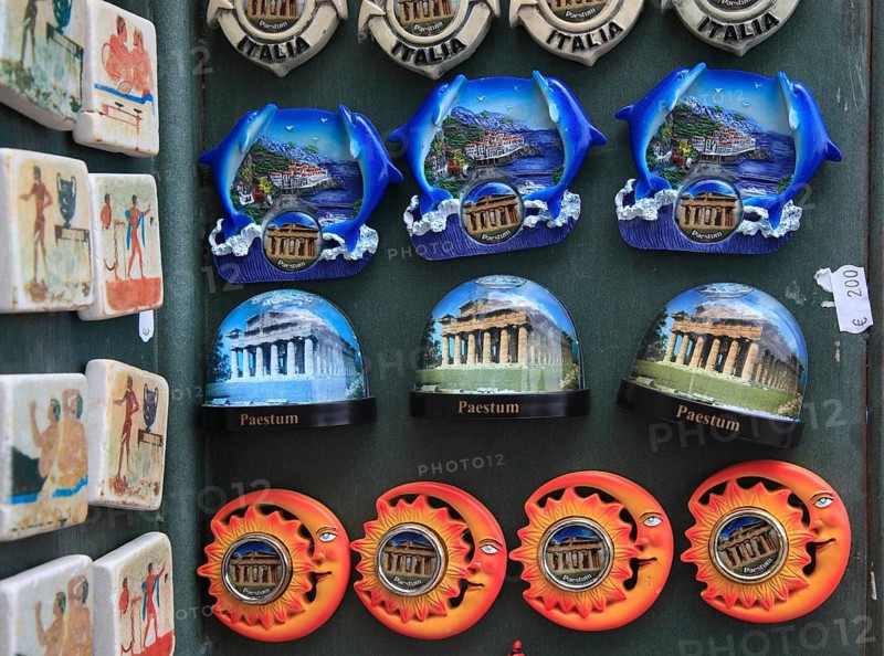 Souvenir sale at the archaeological site of Paestum, Campania, Italy