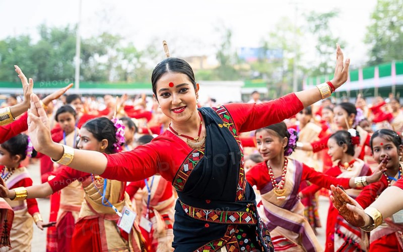 Participants with an instructor dance on the final day of a Bihu dance workshop ahead of Rongali Bihu Festival, in Guwahati, Assam, India on 12 April 2025