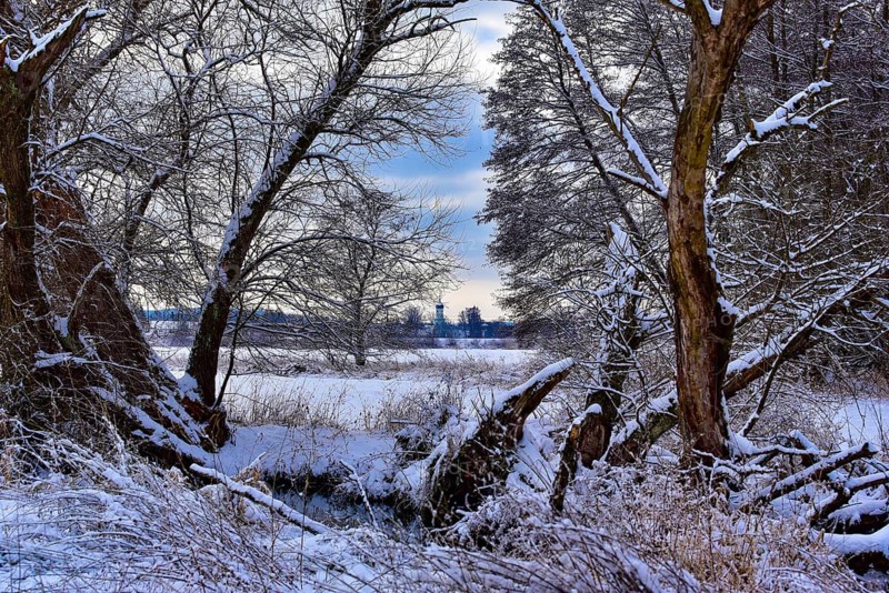 Wintery floodplain landscape along the Schmutter in the Augsburg Western Wälder nature park Park, Bavaria, Germany