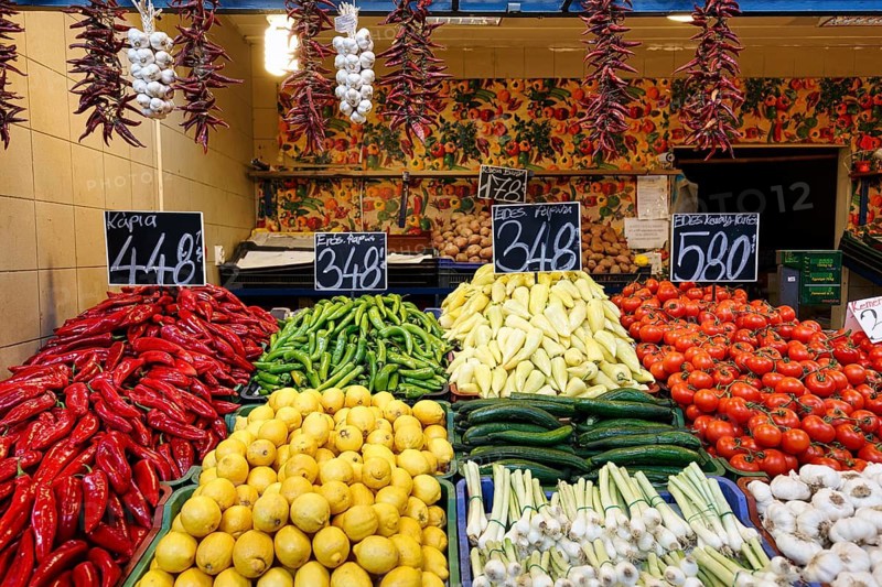 Different types of vegetables at a market stall, Great Market Hall, Budapest, Hungary