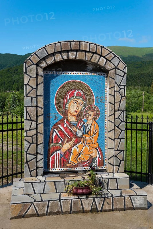 Mosaic of Holy Mary with the Child Jesus, framed by stones, Romanian Orthodox Monastery Cheia, Maneciu, Maneciu, Prahova, Wallachia, Romania