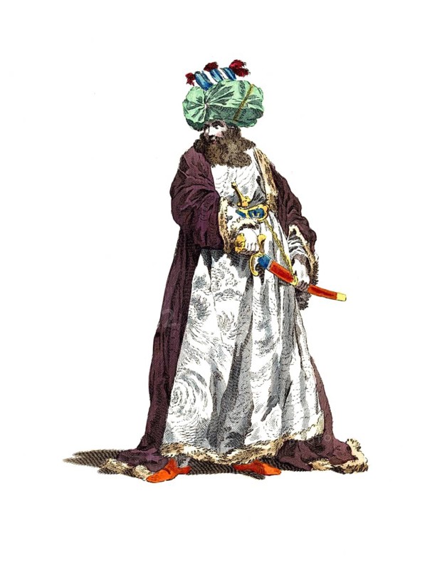 Historical dress, fashion over time, garb of a bashaw with three tails, a high-ranking official, admiral or general. Three-tailed refers to the number of horse tails attached to the officer's standard, three being the best that can be hoped for, 18th century, Ottoman Empire, digitally restored reproduction of an 18th/19th century pattern, exact date unknown, A man in a colourful oriental garment with turban and sabre